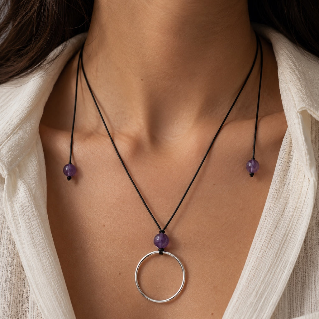 Amethyst Geometric Circle Pendant Necklace