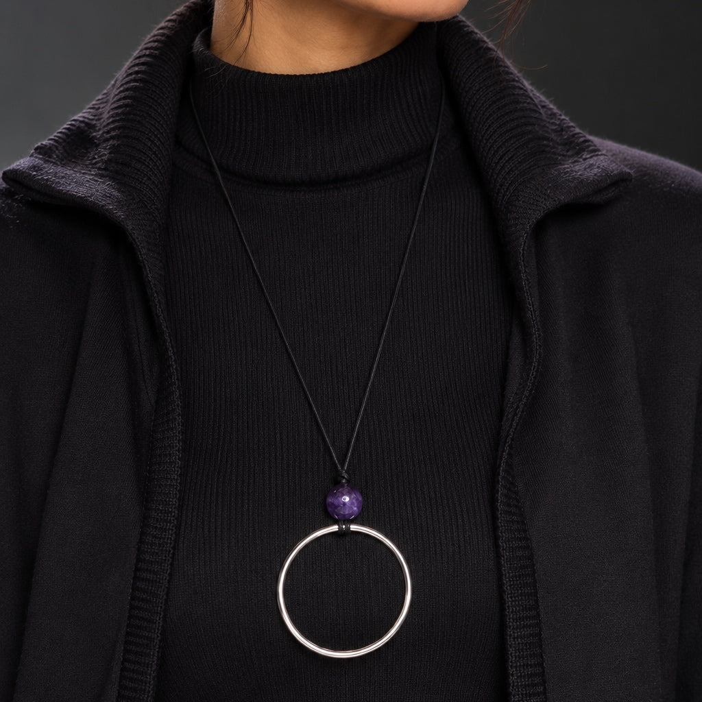 Amethyst Geometric Circle Pendant Necklace