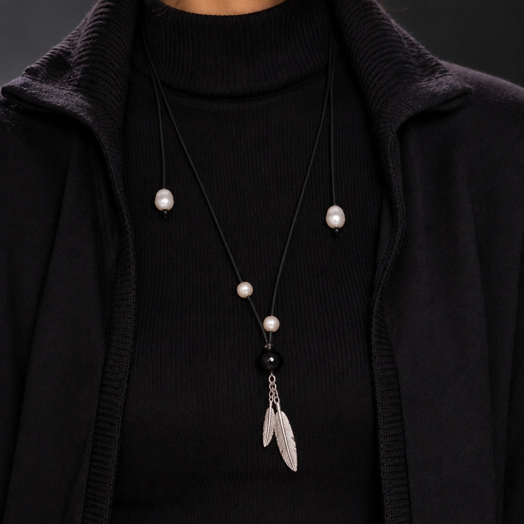 Black Cord Pearl & Agate Feather Necklace