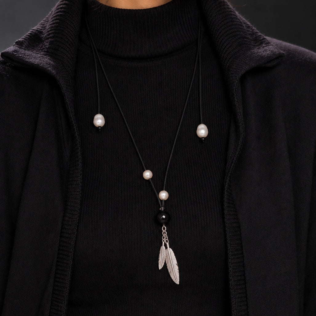 Black Cord Pearl & Agate Feather Necklace