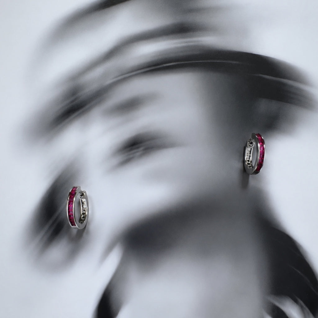 Pinkish Red Baguette CZ Hoop Earrings