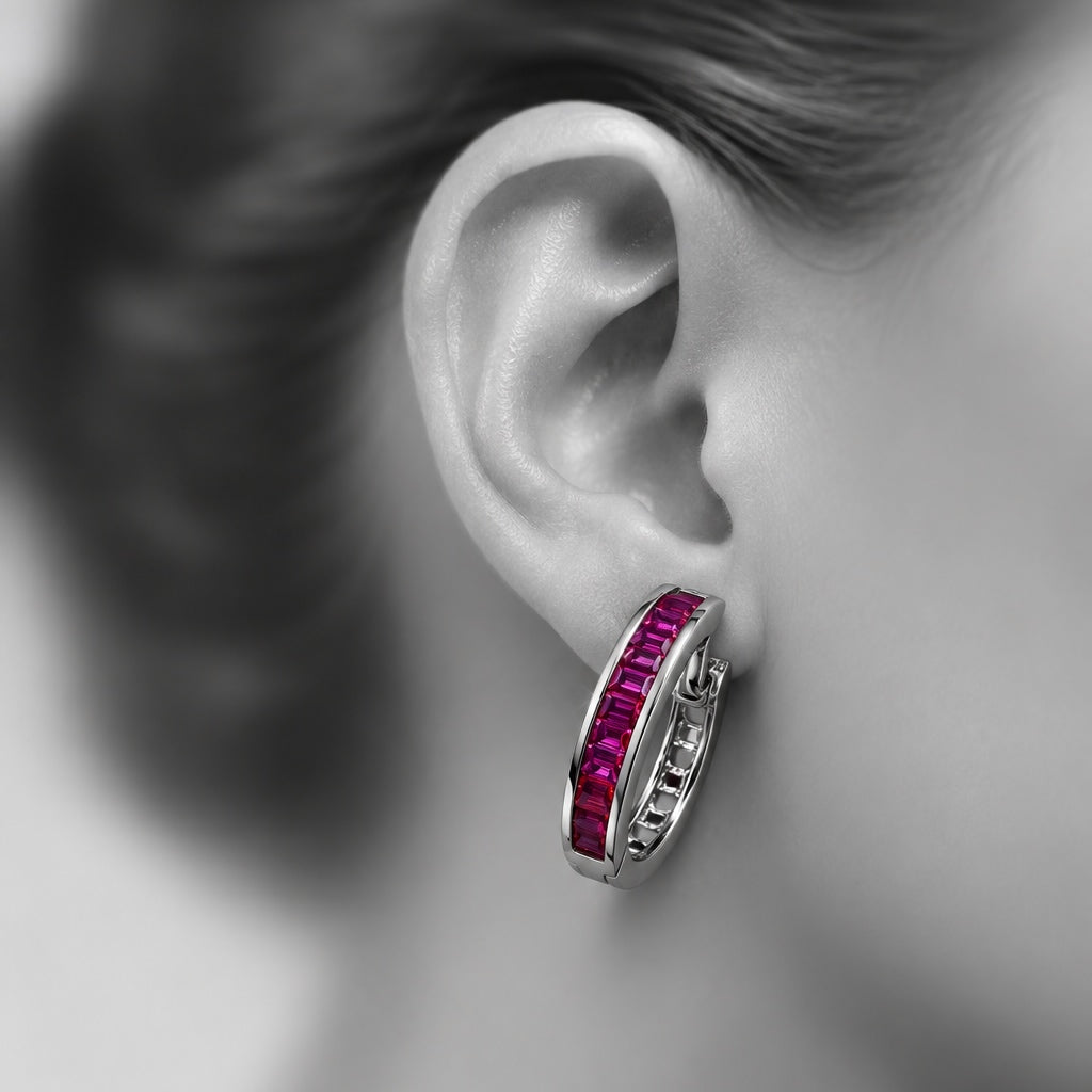 Pinkish Red Baguette CZ Hoop Earrings