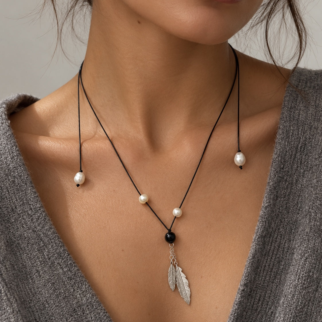 Black Cord Pearl & Agate Feather Necklace